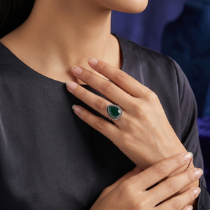 Green Teardrop Beaded Silver Ring (adjustable)