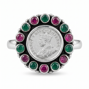 Dual Tone Coin Halo Silver Ring (adjustable)