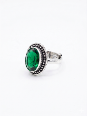 Green Beaded Halo Silver Ring (adjustable)