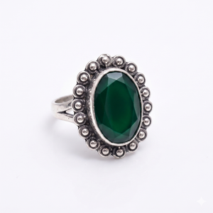 Green Beaded Oval Silver Ring (adjustable)