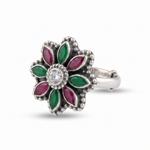 Green Pink Floral Silver Ring (adjustable)