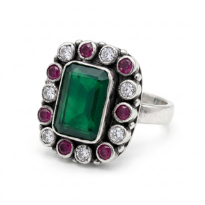 Green Ruby Halo Silver Ring (adjustable)