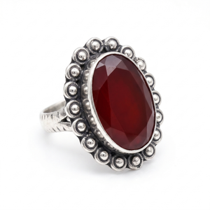Red Beaded Oval Silver Ring (adjustable)