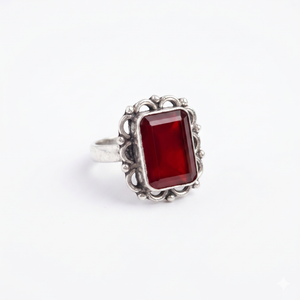 Red Carved Rectangle Silver Ring (adjustable)