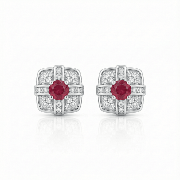 Red Crystal Grid Silver Stud Earrings