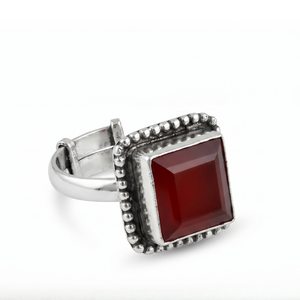 Red Square Beaded Silver Ring (adjustable)