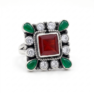Red Square Halo Silver Ring (adjustable)