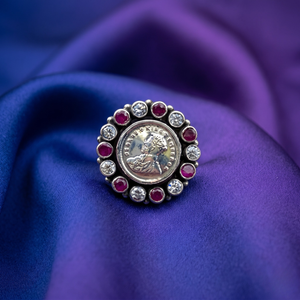 Ruby Crystal Coin Halo Silver Ring (adjustable)