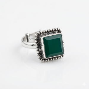 Square Green Beaded Frame Silver Ring (adjustable)