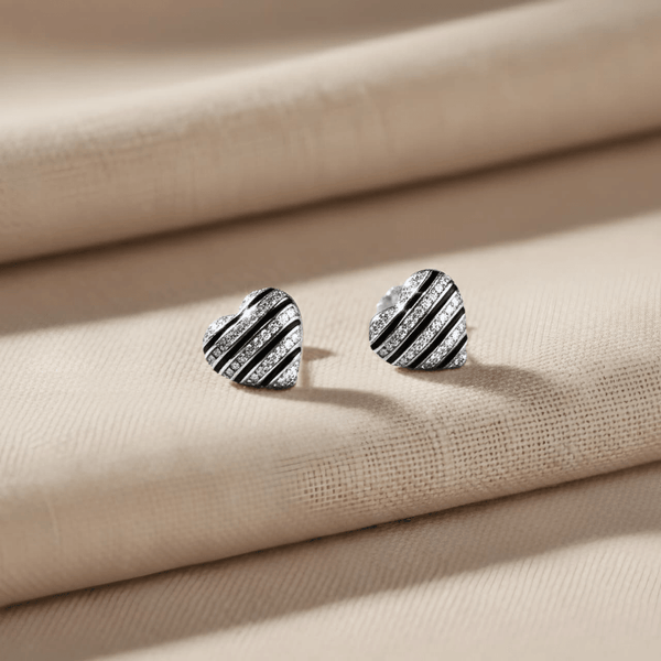 Striped Heart Silver Stud Earrings