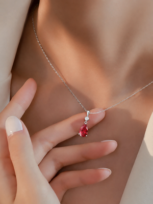 Silver Ruby Teardrop Pendant Necklace